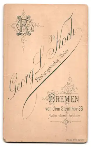 Fotografie Georg L. Koch, Bremen, vor dem Steinthor 86, Frau im Kleid mit bauschigen Ärmeln und interessantem Muster