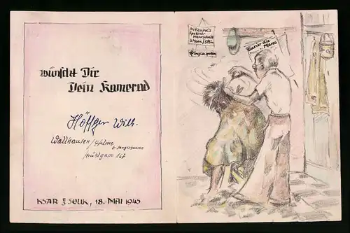 Klapp-Handzeichnung Geburtstagsgruss mit Friseur bei der Arbeit, Sonnenaufgang, datiert: 1945