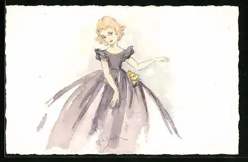 Handzeichnung Mädchen im violetten Kleid mit Blume