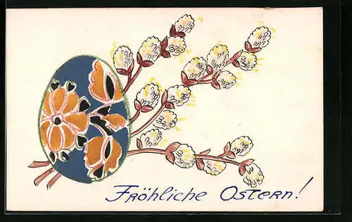 Handzeichnung Ostergruss mit Osterei und Weidenkätzchen, datiert: 1942