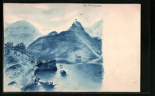Handzeichnung Königsee mit Kapelle und Gebirge