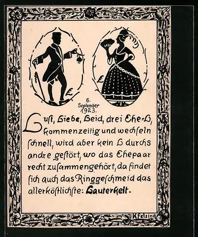 Handzeichnung Scherenschnitt mit Paar aus alter Zeit, datiert: 1923, Künstler: K. Felsing