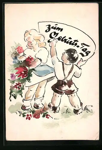 Handzeichnung Kinder in Trachten zum Geburtstag