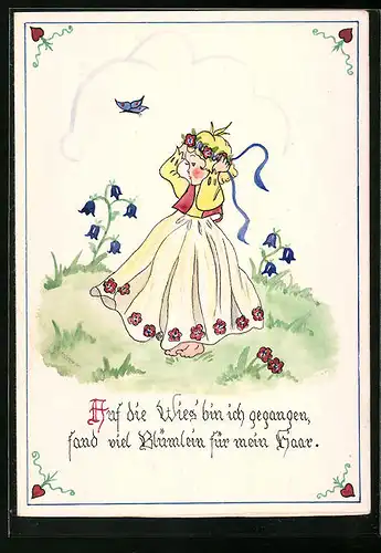 Klapp-Handzeichnung Blumenmädchen auf Wiese, datiert: 1947