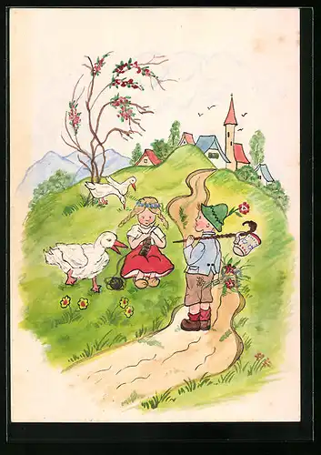 Handzeichnung Kleiner Landstreicher trifft Mädchen beim Stricken