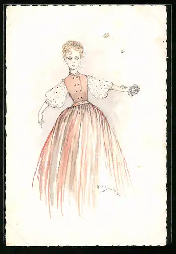 Handzeichnung Mädchen im schönen Kleid mit Blumenstrauss