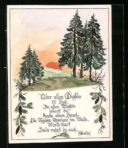 Handzeichnung Sonnenaufgang im Nadelwald mit Zitat von Goethe