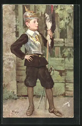 AK Junge in Uniform und mit Flagge