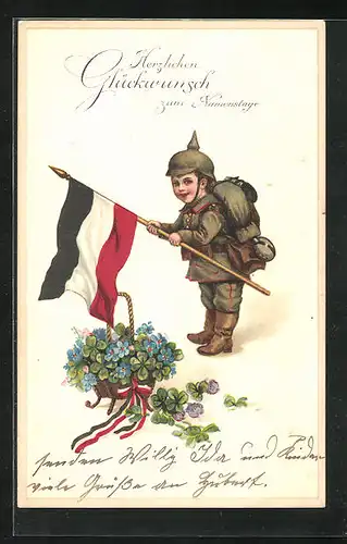 AK Soldatenjunge mit Kaiserreichsfahne und Blumenkorb