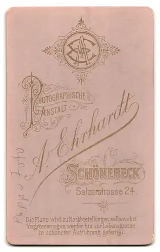 Fotografie A. Ehrhardt, Schönebeck, Salzerstrasse 24, Älterer Herr im Anzug mit Backenbart