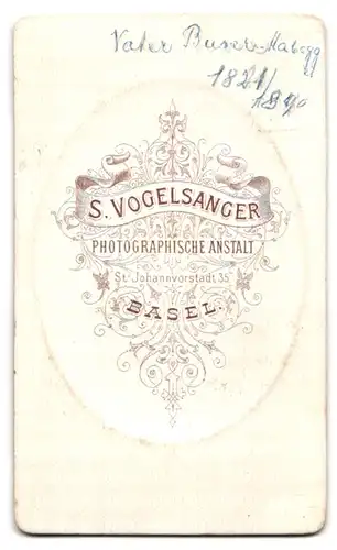 Fotografie S. Vogelsanger, Basel, St. Johannvorstadt 35, Vater Buser Habegg mit freundlichem Gesicht 1890