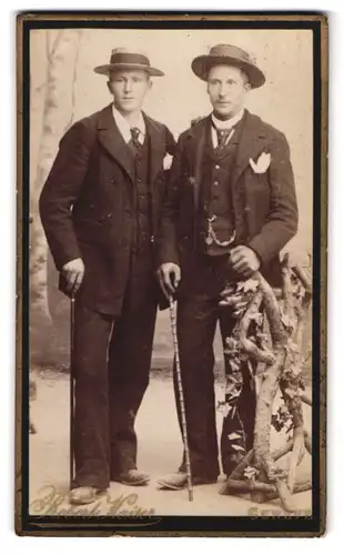 Fotografie Robert Kaiser, Genève, Rue de Chantepoulet 2, Zwei Bürgerlicher Herren im Anzug mit Gehstock