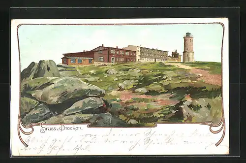 Lithographie Brocken, Hotel mit Aussichtsturm