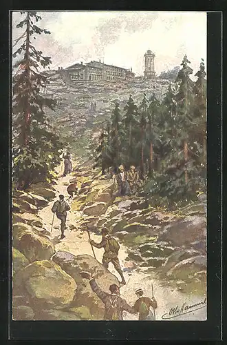 Künstler-AK Brocken, Wanderweg zum Brocken Hotel