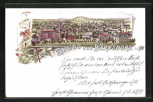 Lithographie Warnsdorf / Varnsdorf, Totalansicht der Stadt