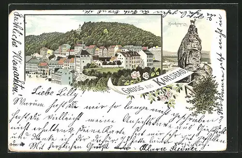 Lithographie Karlsbad, Ortsansicht mit Hirschensprung