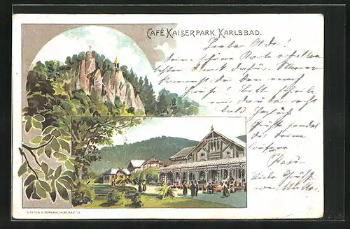 AK Karlsbad, Café Kaiserpark mit Kreuz