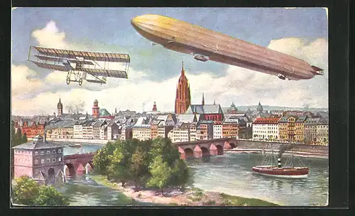 AK Frankfurt /Main, Zeppelin, Doppeldecker und Dampfer