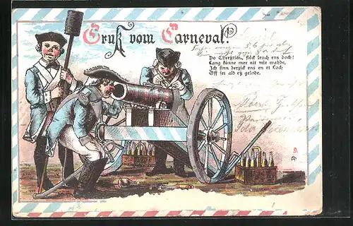 Lithographie Männer beladen Kanone zum Fasching
