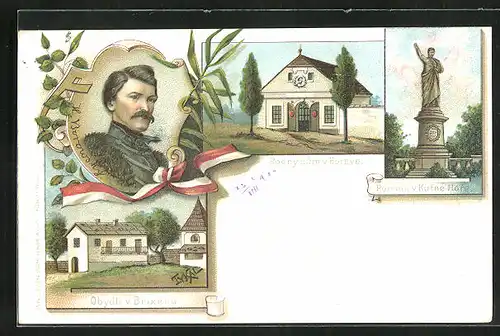 Lithographie Kuttenberg / Kutna Hora, Obydli v Brixenu, Rodny dum v Borove, Pomnik v Kutne Hore