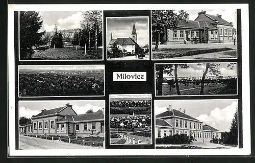 AK Milowitz / Milovice, Kostel, Panorama, Ortspartie