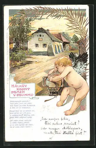 Lithographie Dolinek u Melnika, Engel mit Urne, Strassenpartie