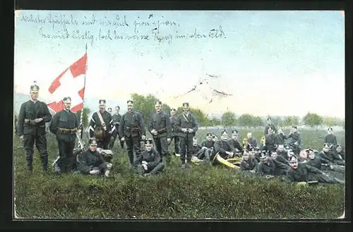 AK Schweizer Soldaten und Kapelle mit Schweizer Fahne