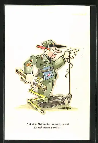 AK Schweizer Soldat beim genauen Abmessen mit Lot und Wasserwaage