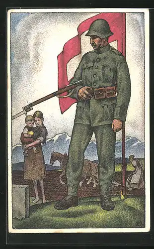 AK Soldat behütet schweizer Bauernfamilie