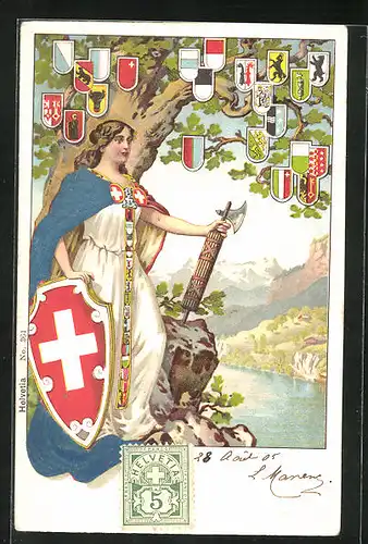 Präge-AK Helvetia mit schweizer Wappen