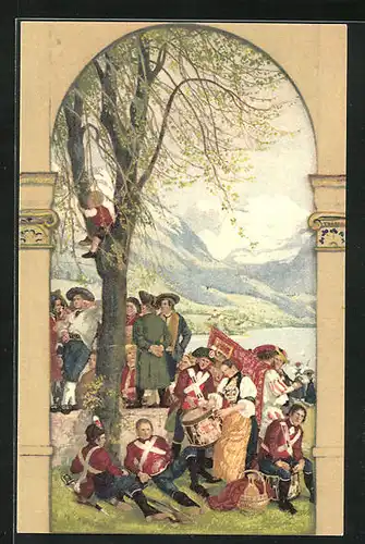 AK Schweizer Bundesfeier1918, Soldaten bei einer Pause im Schatten