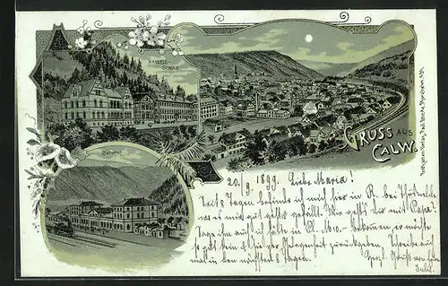 Mondschein-Lithographie Calw, Handelsschule, Bahnhof, Panorama