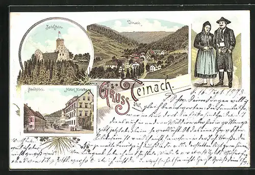 Lithographie Teinach, Mann und Frau auf Spaziergang, Zvelstein, Badhotel, Hotel Hirsch