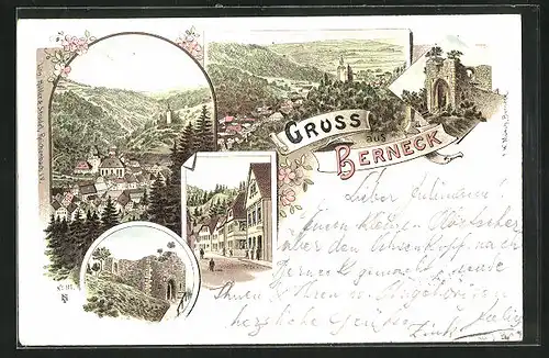 Lithographie Berneck, Ruine, Strassenpartie im Ort, Gesamtansicht