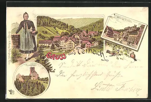 Lithographie Teinach, Badhotel m. Hirsch, Zavelstein, Frau mit Korb