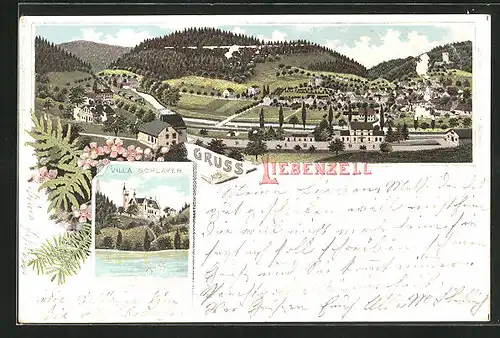 Lithographie Liebenzell, Villa Schlayer, Gesamtansicht mit Bergwald