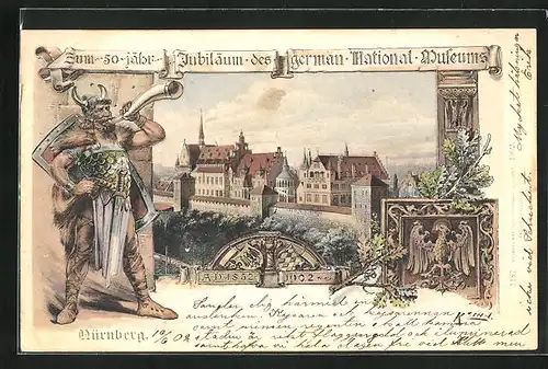 Lithographie Nürnberg, 50 jähr. Jubiläum d. german. National Museums 1902, Germane mit Horn