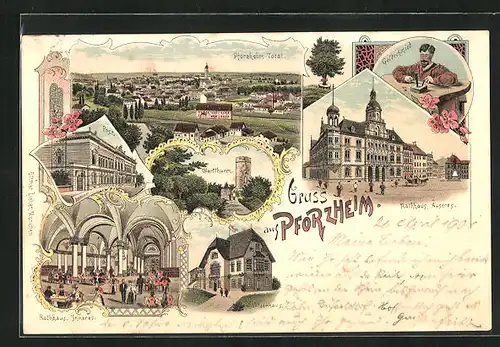 Lithographie Pforzheim, Goldschmied, Schützenhaus, Post