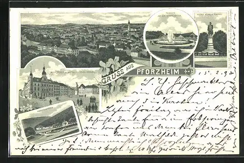 Lithographie Pforzheim, Kasier Wilhelm Denkmal, Marktplatz m. Rathaus u. Kriegerdenkmal