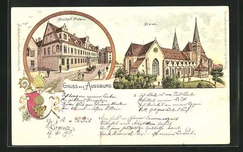 Lithographie Augsburg, Dom, Bischöfl. Palais, Wappen