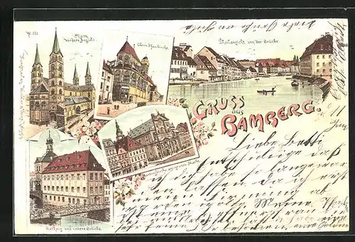 Lithographie Bamberg, Obere Pfarrkirche, Dom, Martinskirche am grünem Markt