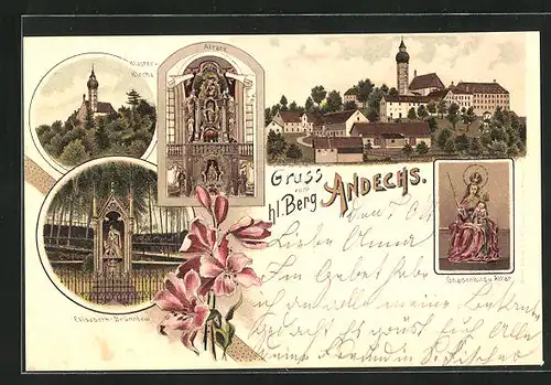 Lithographie Andechs, Kloster-Kirche Elisabeth Brünnlein, Gnadenbild und Alter