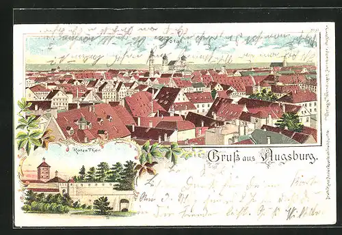 Lithographie Augsburg, Rothes Thor, Blick über die Dächer