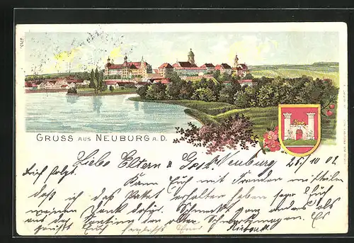 AK Neuburg a. D., Blick auf den Ort vom Wasser aus, Wappen
