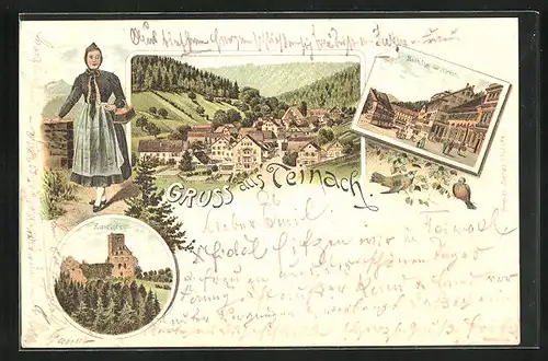 Lithographie Teinach, Frau mit Korb, Badhotel m. Hirsch, Zavelstein, Ortsansicht