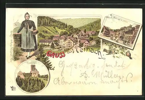 Lithographie Teinach, Zavelstein, Frau mit Korb, Badhotel m. Hirsch