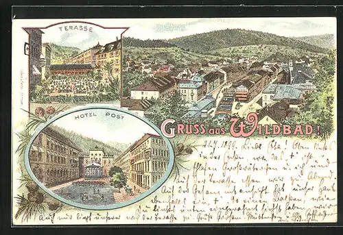 Lithographie Wildbad, Hotel Post mit Terasse, Panorama