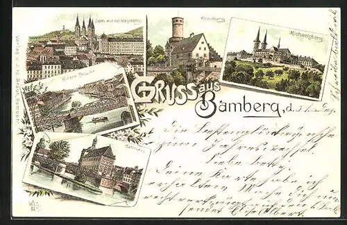 Lithographie Bamberg, Altenburg, Michaelsberg, Dom mit d. Residenz