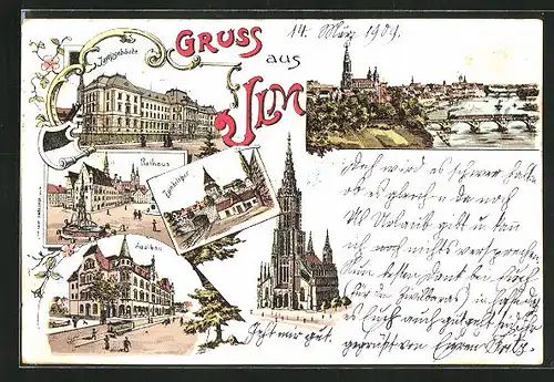 Lithographie Ulm, Justizgebäude, Saalbau, Zundelthor