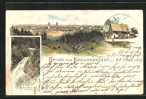 Lithographie Freudenstadt, Schwarzwaelder Bauernhaus, Sankenbach Wasserfälle